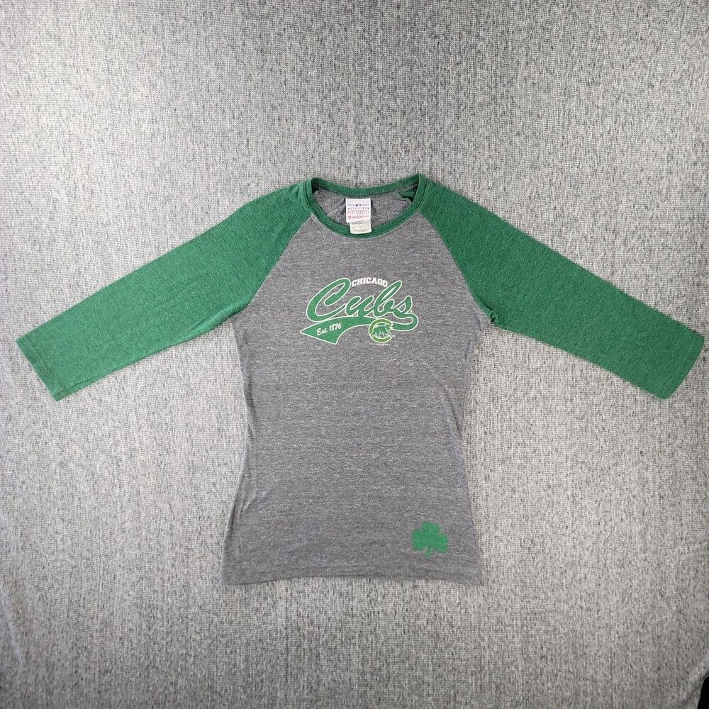 5th & Ocean Chicago Cubs Shirt Womens S Small Green Gray Raglan St Patricks Day